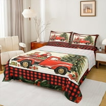 Manfei Cartoon Rustic Truck Twin Sheet Sets, Christmas Gifts Twin Fitted Sheet, Black Red Vintage Plaid Flat Sheet, Lightweight Room Decor, 3-Piece