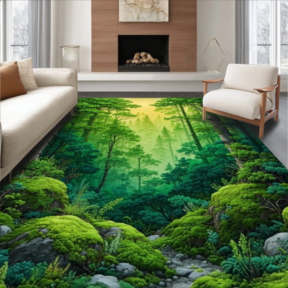 Flatwoven High Traffic Area Rug, Lush Forest Floral Motif, Non Slip, Stain Resistant, Washable Area Rugs for Living Room, Bedroom(Green, 4X6)