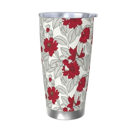 

Gaeub Leaves And Anemone Flowers In Red Grey Print 20-Ounce Stainless Steel Car Cup Tumblers Cups with Lids and Straw Coffee Cups for Adults Kids Home Car Office School Travel Party-Without Straw