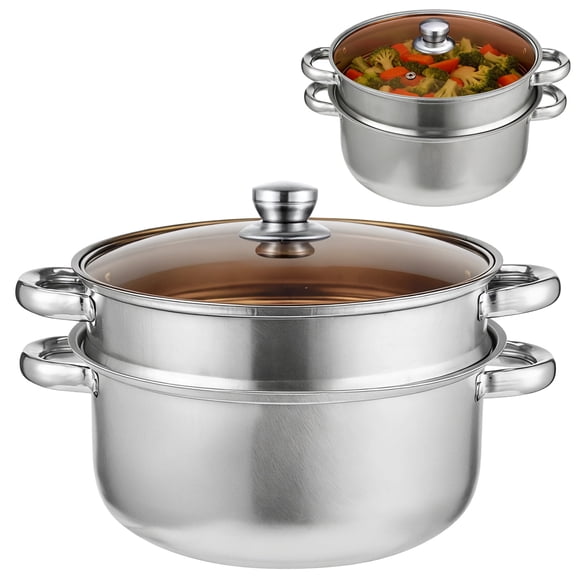Double-layer stainless steel steamer, 9.4-inch thickened skillet with glass lid and heat-resistant handle, suitable for all stovetops, perfect for soups and pasta.