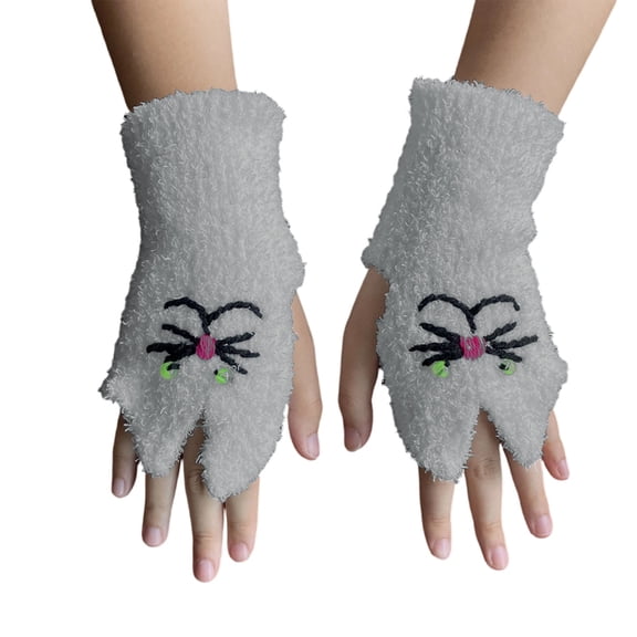 PMVFHDE Gloves & Mittens Hand Embroidered Cat Fingerless Warm Winter Mittens Knitted Hand Warmers For Daily Casual Style Grey - One Size