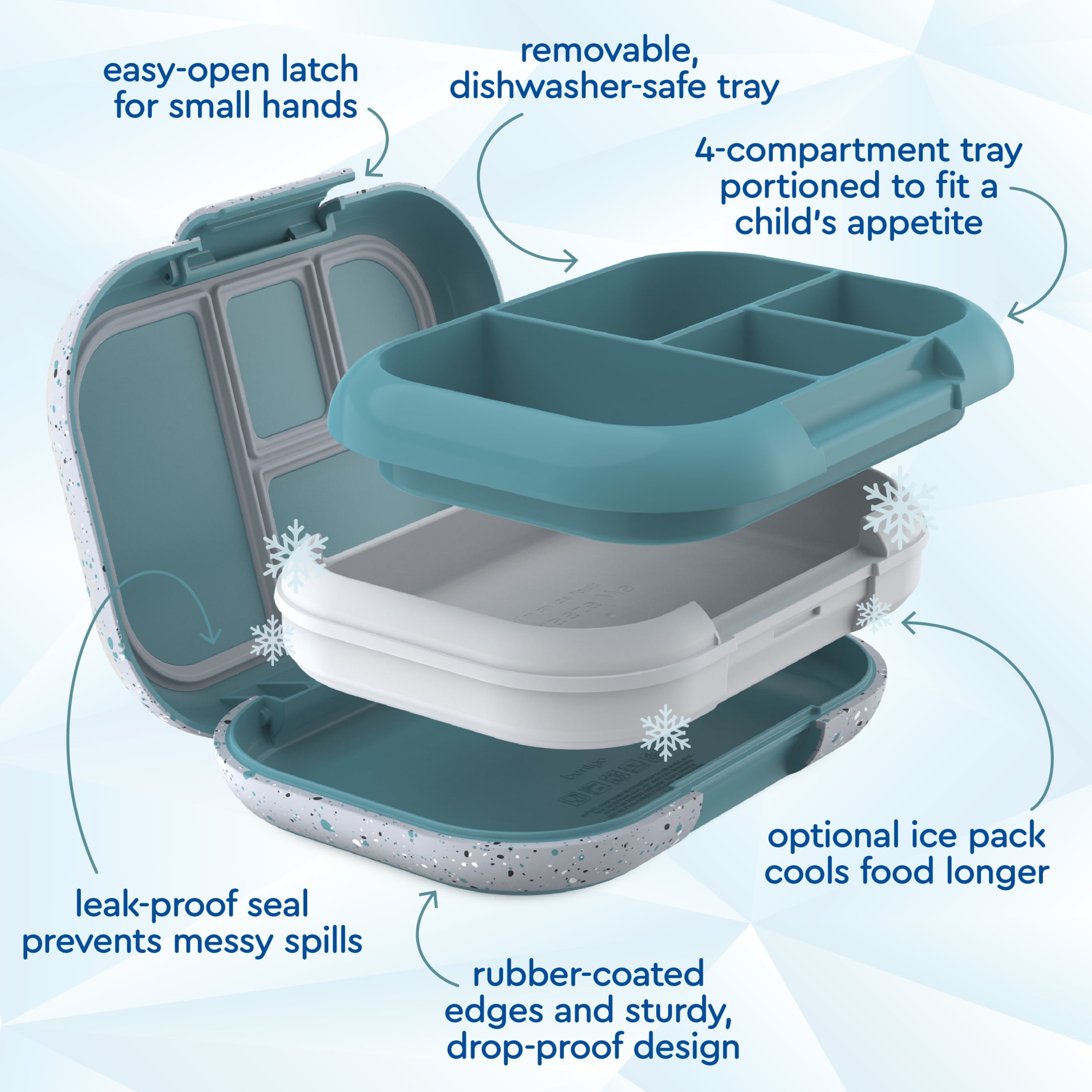 Bentgo Chill Kids Leak-Proof Lunch Box - 4-Compartment Bento Box with Built-In Ice Pack, 3.3 Cup Capacity, PFAS & BPA-Free, Microwave & Dishwasher Safe, Ideal Size for Ages 3 to 7 (Truly Teal)