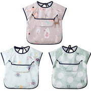Pure cotton children's overalls, baby girls, eating bibs, waterproof, disposable, summer short-sleeved thin section, baby boys, anti-dirty rice pockets 3pcs