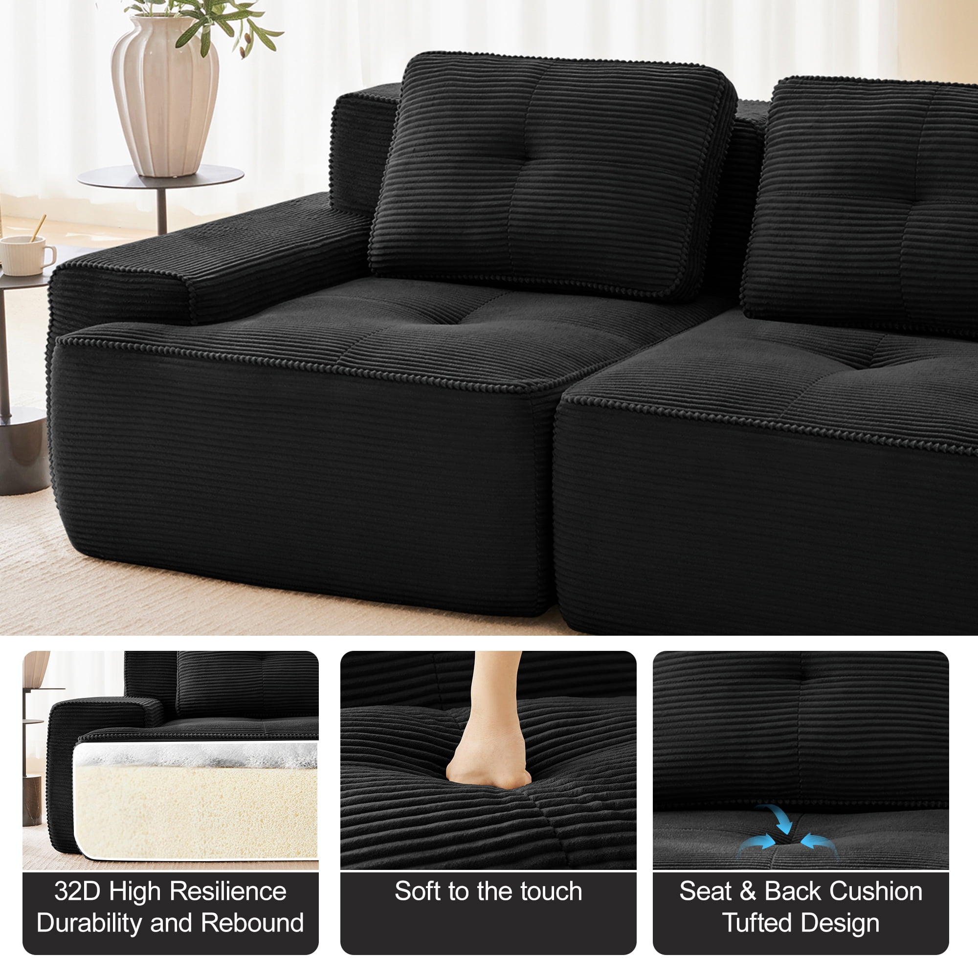 82 Inch Black Corduroy L-Shaped Sectional, Modular 2-Seater with Deep Seat, Pearl Piping and Buckle Connection, No Assembly Required