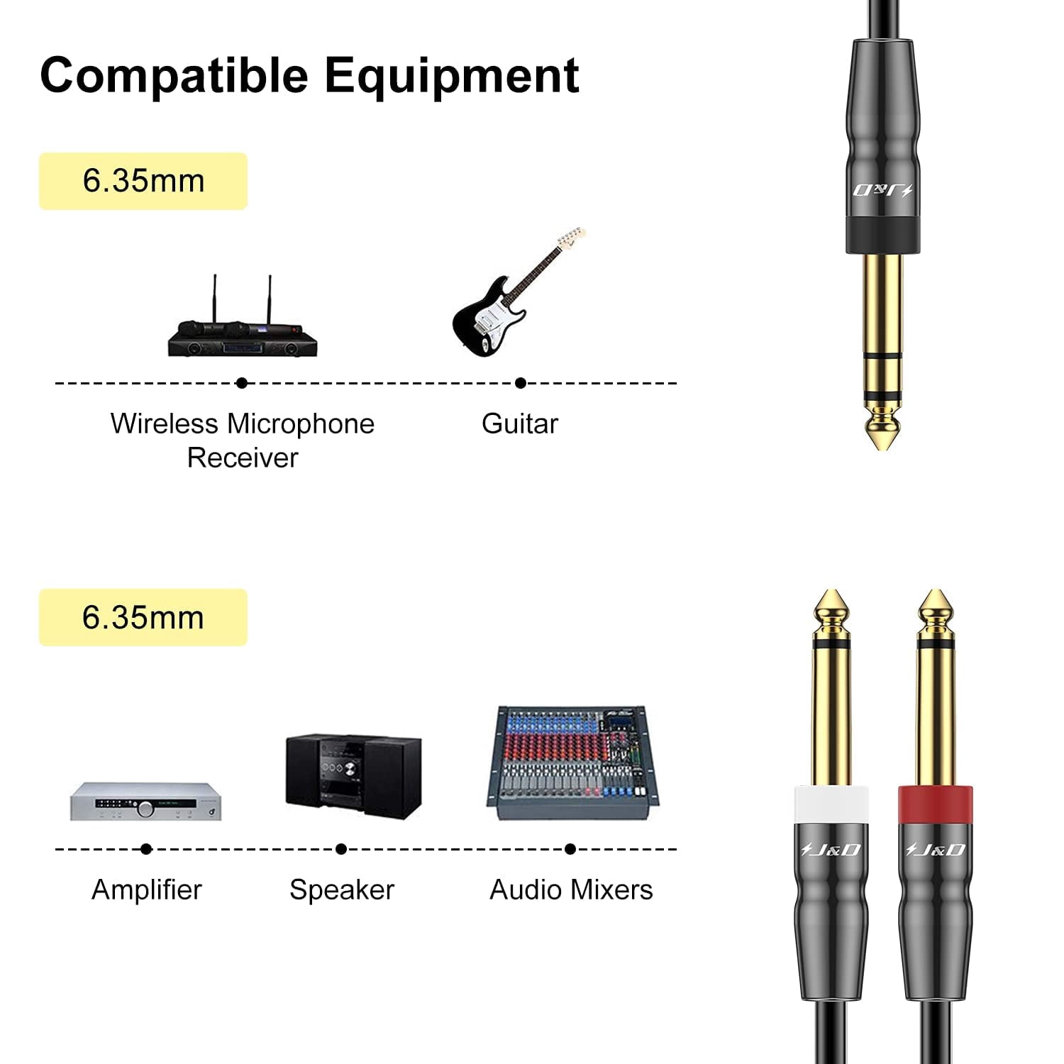 J&D Stereo-Audio-Adapter Kabel – 6,35 Mm Auf 2x 6,35 Mm, Vergoldet, 0,9 M | Für Mischpulte, Lautsprecher & Studio