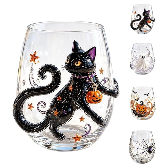 3D Halloween Artisan Glassware Collection, Premium Handleless Glass with Ghost, Pumpkin, Spider & Black Cat Designs, for Gothic Party & Cozy Fall Home Bar