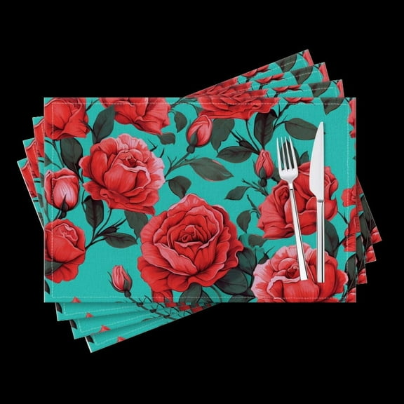 BaHomeck placemats Set of 4 Red Roses With Green Leaves On Turquoise Background Cotton Linen rectangle Placemats for Kitchen Dining Table Indoor,Outdoor,18*12inch