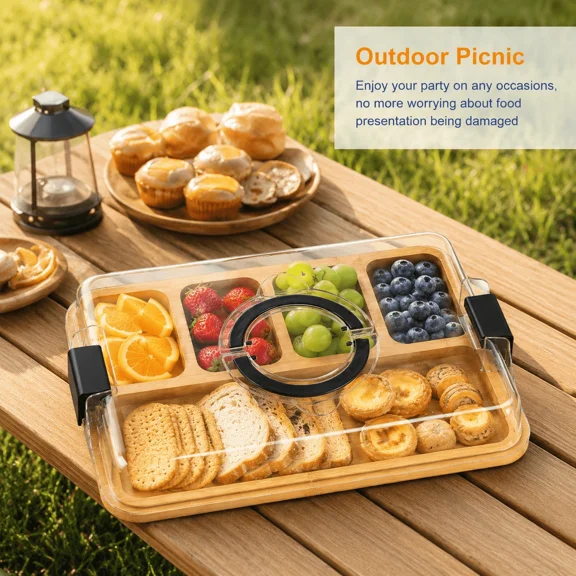 Cutting Board Charcuterie Tray With Clear Lid, 5-Compartment Bamboo Serving Board With Handle & Side Locks, Reusable Snack Platter For Cheese, Fruit, Crackers, Appetizers, Party, Picnic