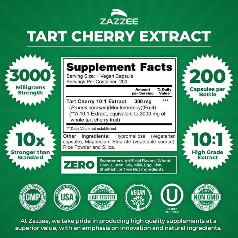 Zazzee Naturals Tart Cherry Extract 3000 mg, Vegan Capsules