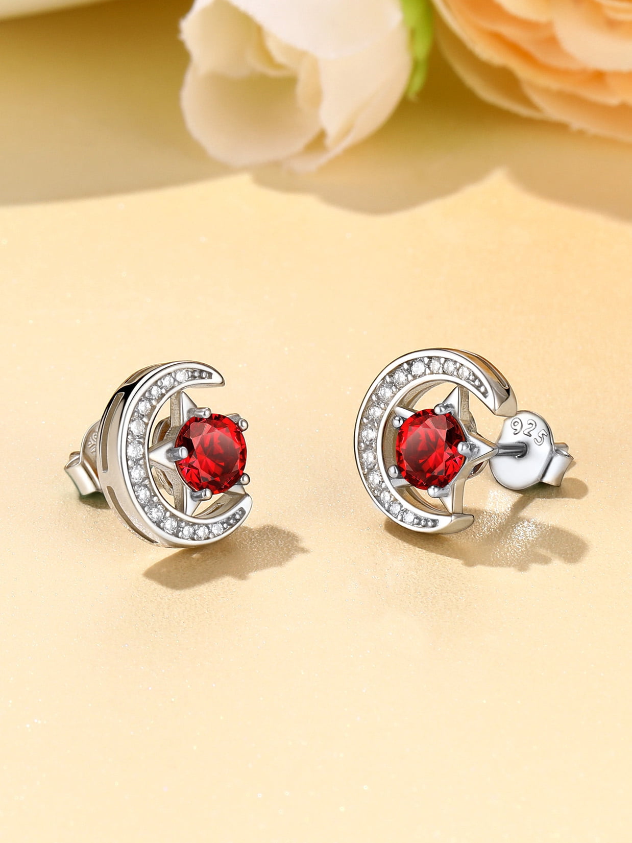Suplight Sterling Silver Moon Star Earrings Cubic Zirconia Birthstone Jewelry Gift for Women