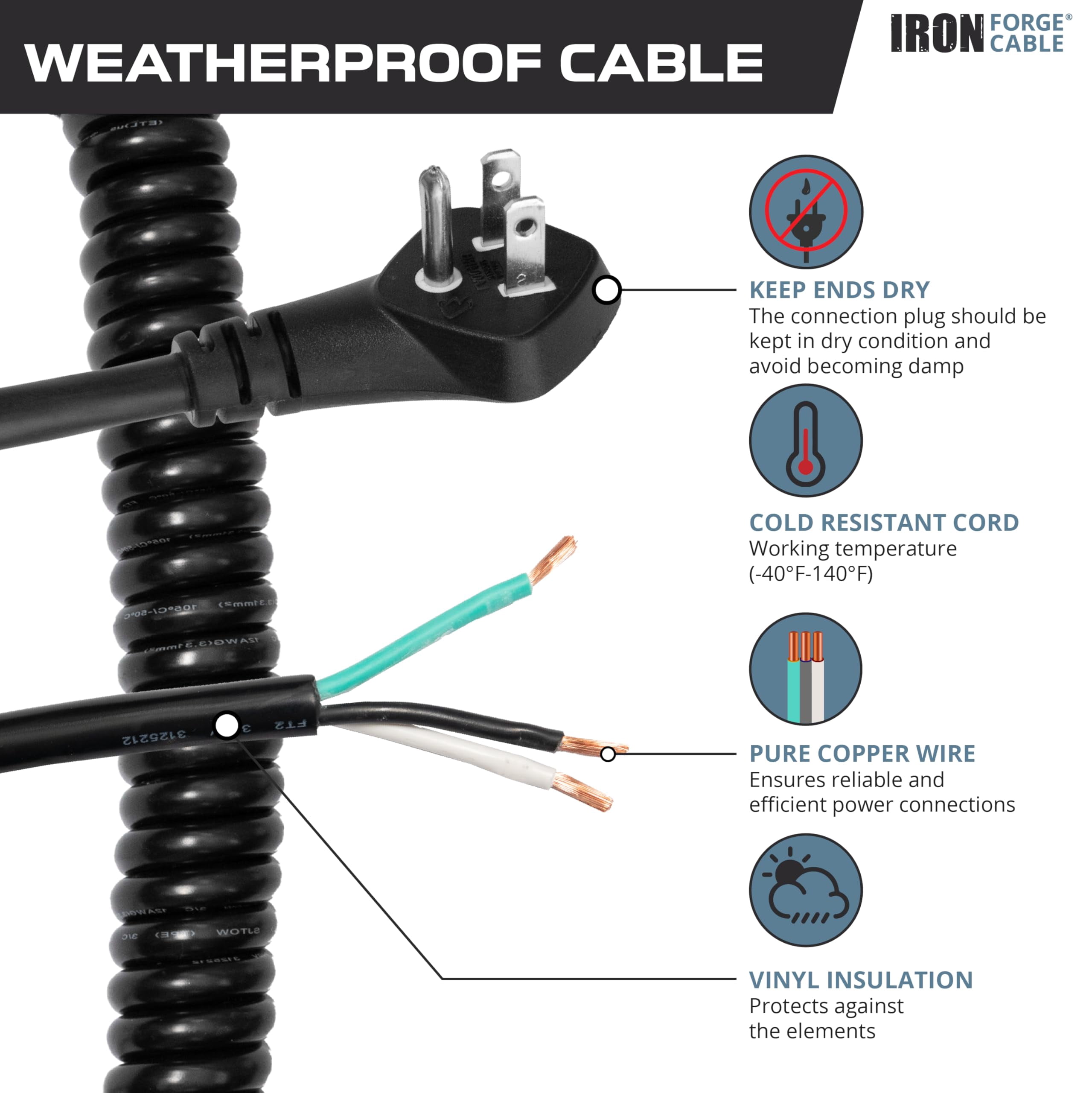 Iron Forge Cable 15 Amp Replacement Coiled Extension Cord 8 ft - SJEOW Oil Resistant & Flat Plug 3 Prong, 14 Gauge Coiled Cord for Outdoor & Indoor