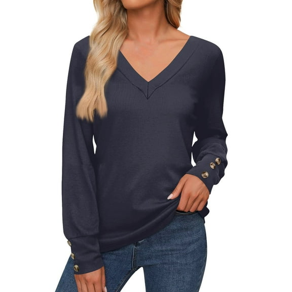 Tshirt Women Women's Tops Long Sleeve Cuffs Button-Up Shirt V Neck Casual Loose Tee Autumn Clothing