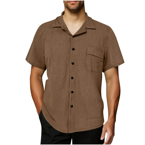 Blusa y camisa de manga corta con cuello vuelto para hombre, estilo casual de verano, a la moda, de color liso, con bolsillos y botones