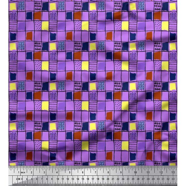 Soimoi Poly Georgette Fabric Check & Brush Stroke Abstract Print Fabric by Yard 52 Inch Wide