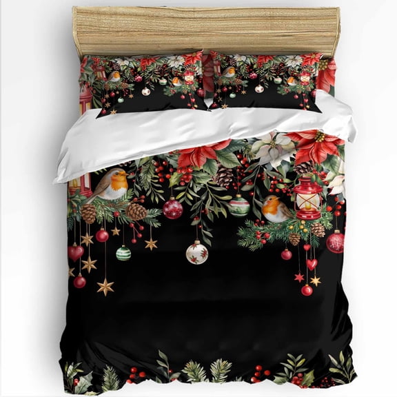 Black Christmas King Size Comforter Set, Xmas Poinsettia Balls Botanical Birds Soft Bedding for All Seasons, 4 Pcs Bed Set with 1Comforter (90"x106") ,1 Sheet(94"x116"), 2 Pillowcases (19"x35")