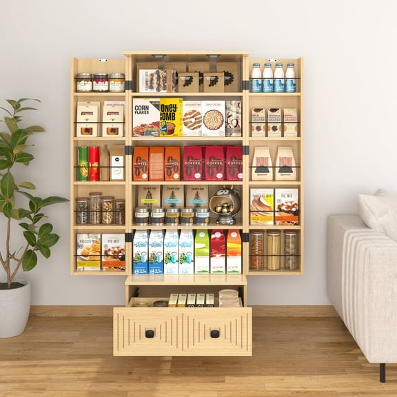 PPorfamilia 55" Kitchen Pantry Storage Cabinet, Pantry Hutch with 1 Drawer and 2 Doors of Shelves, Natural Color