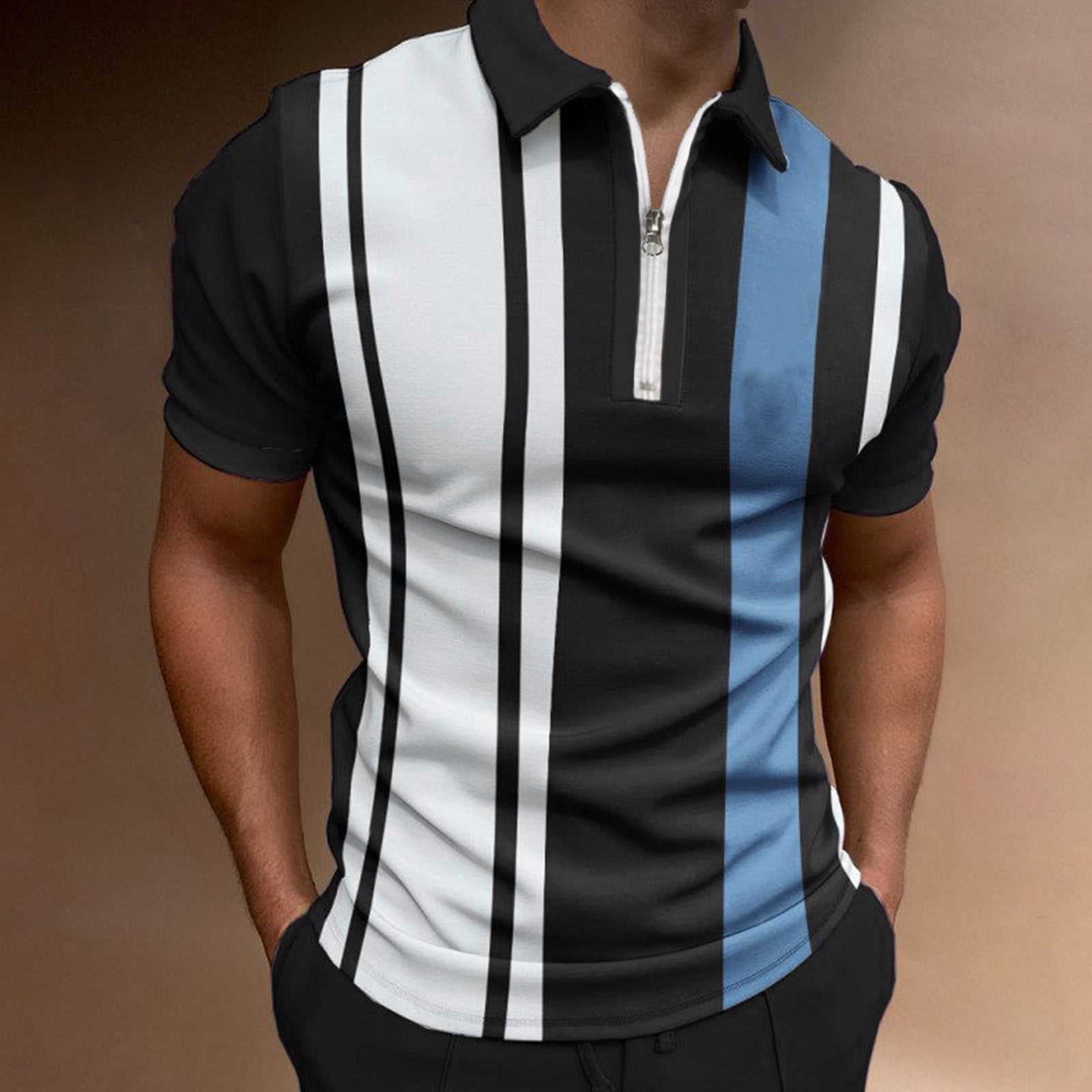 Men's Vintage Stripe Knitted Polo Shirts Short Sleeve Golf Knit Polo Shirt