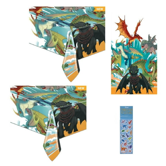 How to Train Your Dragon Birthday Party Supplies Bundle Pack Includes 2 Plastic Table Covers and 1 Dinosaur Sticker Sheet