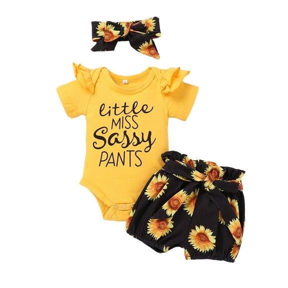 Dooleck Little Miss Sassy Pants Outfit Infant Ruffle Bodysuit Sunflower Shorts Set