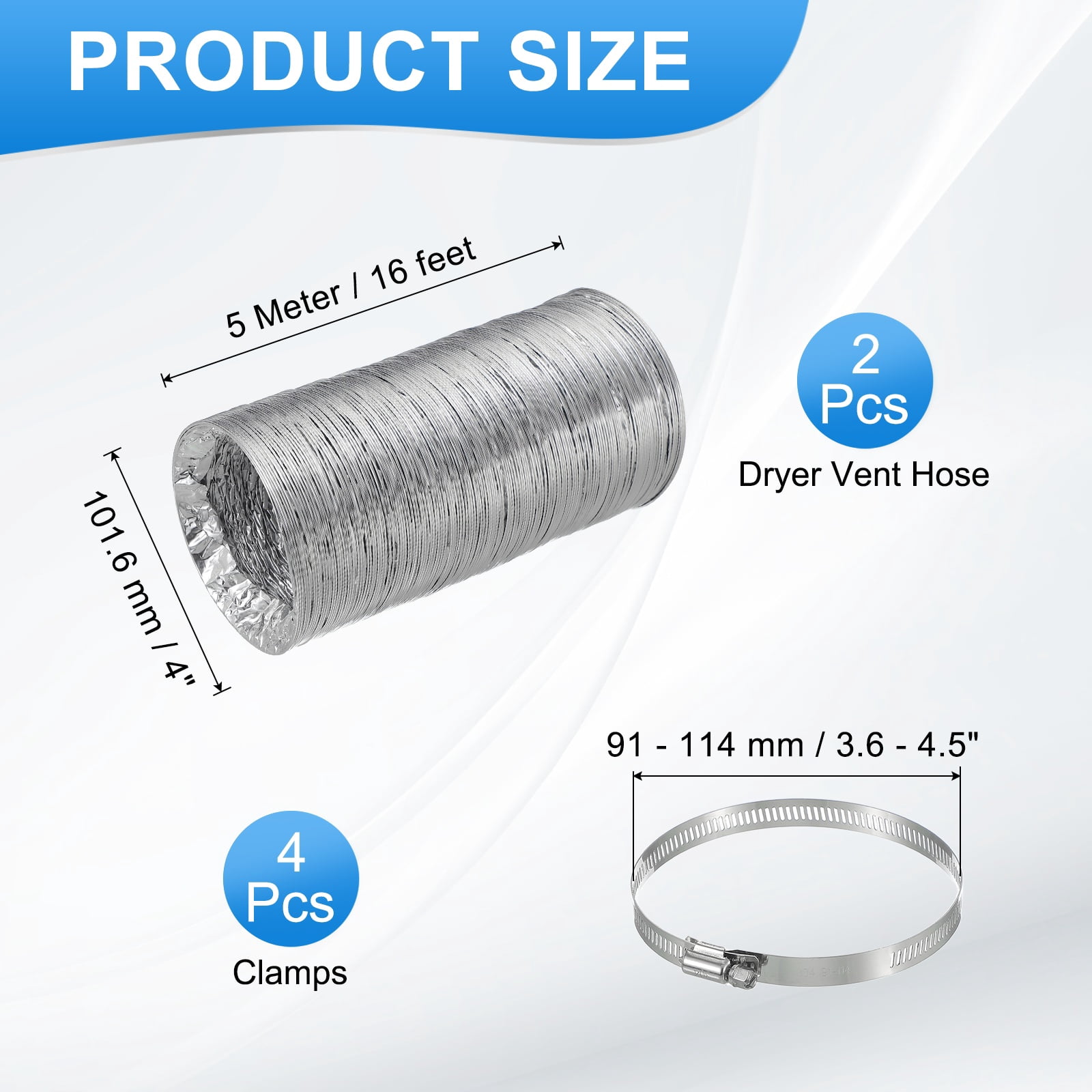 Uxcell 16Ft Dryer Vent Hose 4" Dia. 2Pcs Flexible Aluminum Ducting 4 Clamps Included, Silver