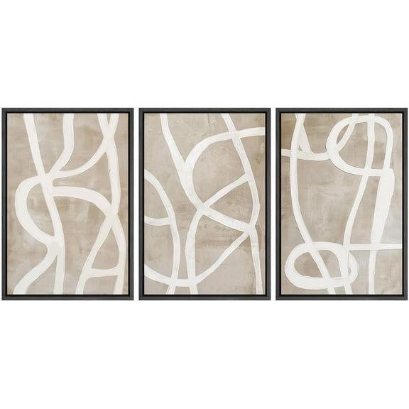 IDEA4WALL Framed Canvas Print Wall Art Set of 3 Abstract Line Geometric Modern Digital Art Beige & Brown Prints Wall Decor Retro Minimalist Contemporary Artwork For Home Decor - Black 16"x24"x3