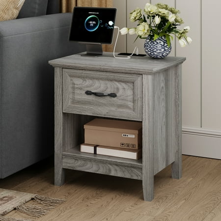 Linsy Home Nightstand for Bedroom with Charging Station Farmhouse End Tables for Living Room with Drawer Grey