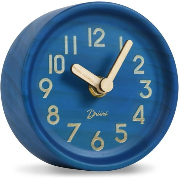 shiyou-Wooden Analog Desktop Clock – 4.3 in. Decorative Pinewood Clock, No-Tick Design – Easy to Read Silent Sweep Mantle Clock – Quiet Tabletop Clocks with Wood Body, Hands, & Battery Cover; Blue