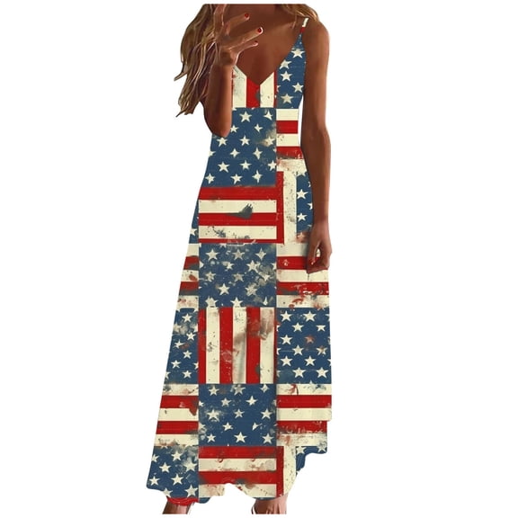 Cmfcve 4th of July Patriotic Dresses Star-Spangled Printed Bohemian Beach Dresses Sleeveless V-neck Summer Flowy Maxi Dress