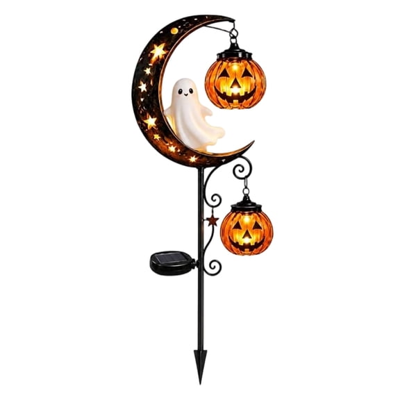 Halloween Ghost & Pumpkin Moon Garden Solar Stake Light, Outdoor Waterproof LED Yard Decoration with Crescent Moon, Hanging Jack-o'-Lantern Lantern for Garden, Patio, Walkway, Porch