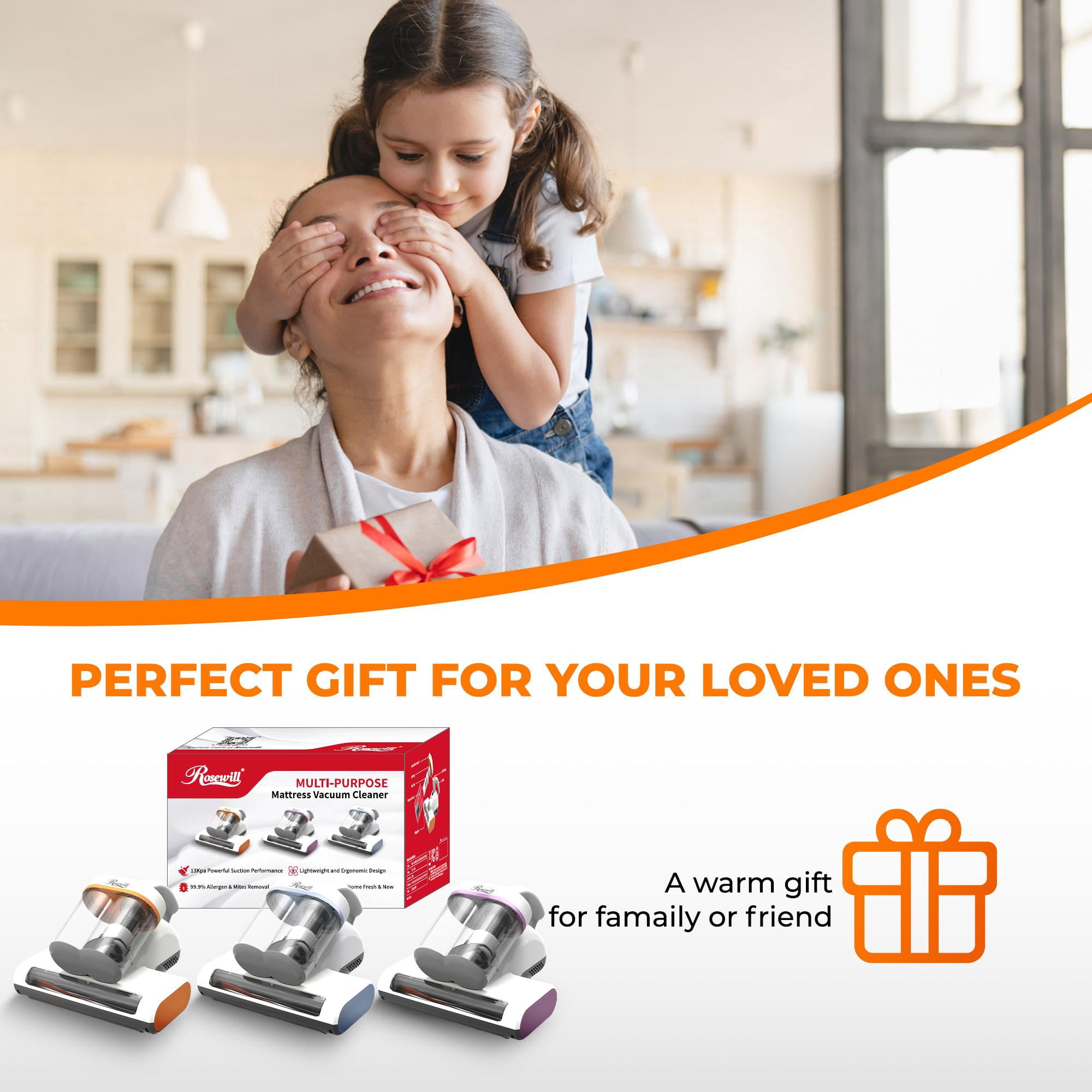 "Rosewill Mattress Vacuum Cleaner: UV-C Light & High Heating Tech, 350W 13Kpa Strong Suction, Deep Cleaning Bed Handheld Vacuums for Sofa/Bed/Pet Hair - Corded (Orange & White) - RHVC-24004OR "