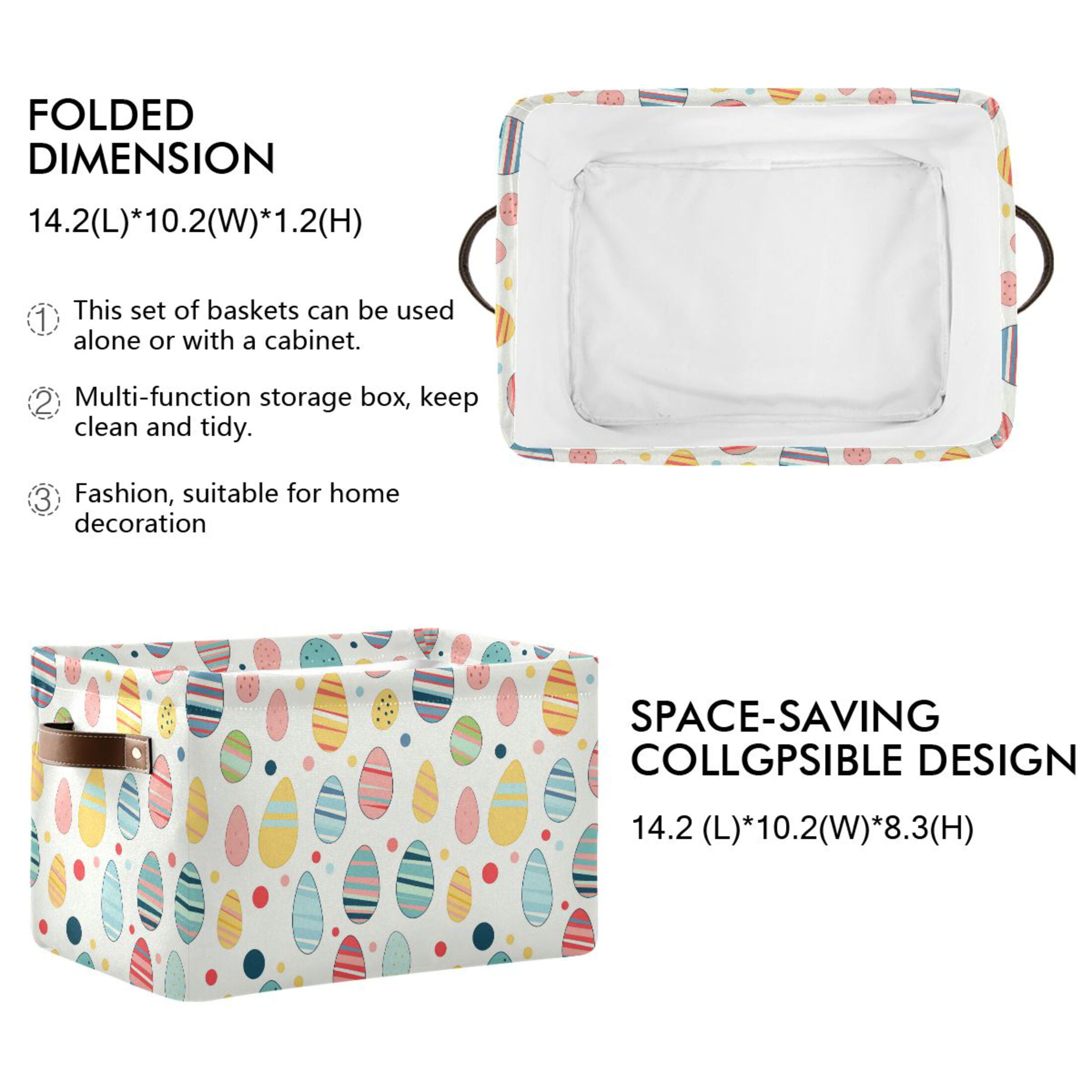 Easter Eggs with Color Stripes Storage Bins with Handle Fabric Organizer Basket Foldable Box 2 Pack 14.2x10.2x8.3
