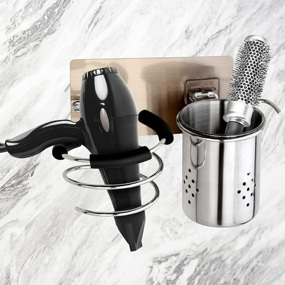 Hair Dryer Holder Wall Mounted, STONCEL Spiral Hair Dryer Rack No Drill, Stainless Steel Bathroom Storage Set with Cup for Hair Styling Tool Brushes