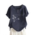 thumbnail image 2 of CHOK Hauts en Solde pour Femmes Boutons Col Rond Manches Courtes Imprimé Floral Boutons Coton Lin Vintage, 2 of 5