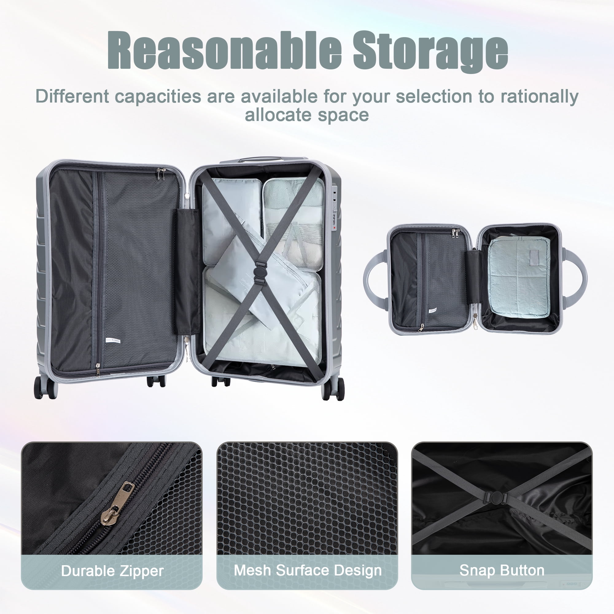 Alvantor 2 Pcs Luggage Set with Combination Lock, 20" ABS Spinner Suitcase & 14" Cosmetic Case, Silver