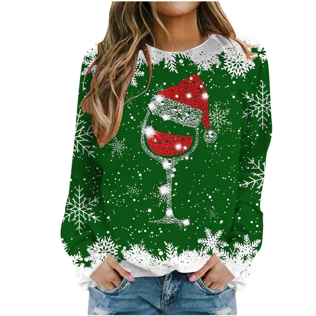 Besolor Chandail en Molleton de Noël à Col Rond pour Femmes Imprimé Verre de Vin Manches Longues Mode Flocon de Neige Graphique