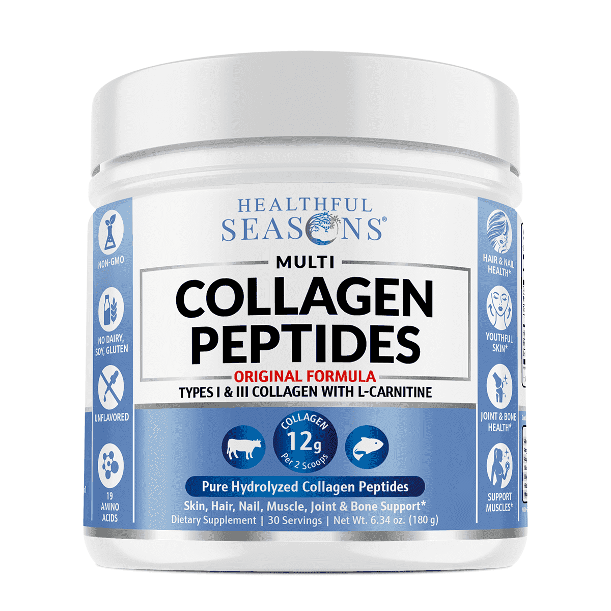 Healthful Seasons Multi Collagen Peptides Powder with L-Carnitine Hydrolyzed Protein for Hair Skin Nails Joints Unflavored 1-Count