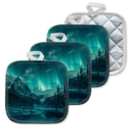 

4 Pack Pot Holders Kitchen Essential Potholder Set Green Northern Lights Over A Snow Covered Mountain Valley