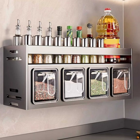 Kitchen Spice Rack Organizer, Spice Storage Racks for Wall-Mounted / Countertop, Spice Holder with 4 Seasoning Containers, for Kitchen Cabinet Pantry Door