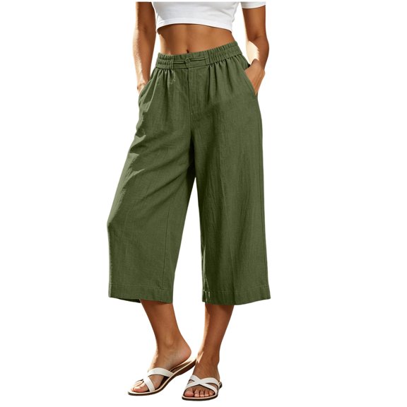 JGGSPWM Women's Wide Leg Capri Pants Cropped Mid Waist Loose Summer Beach Vacation Casual Solid Color Pants with Pockets Green XL