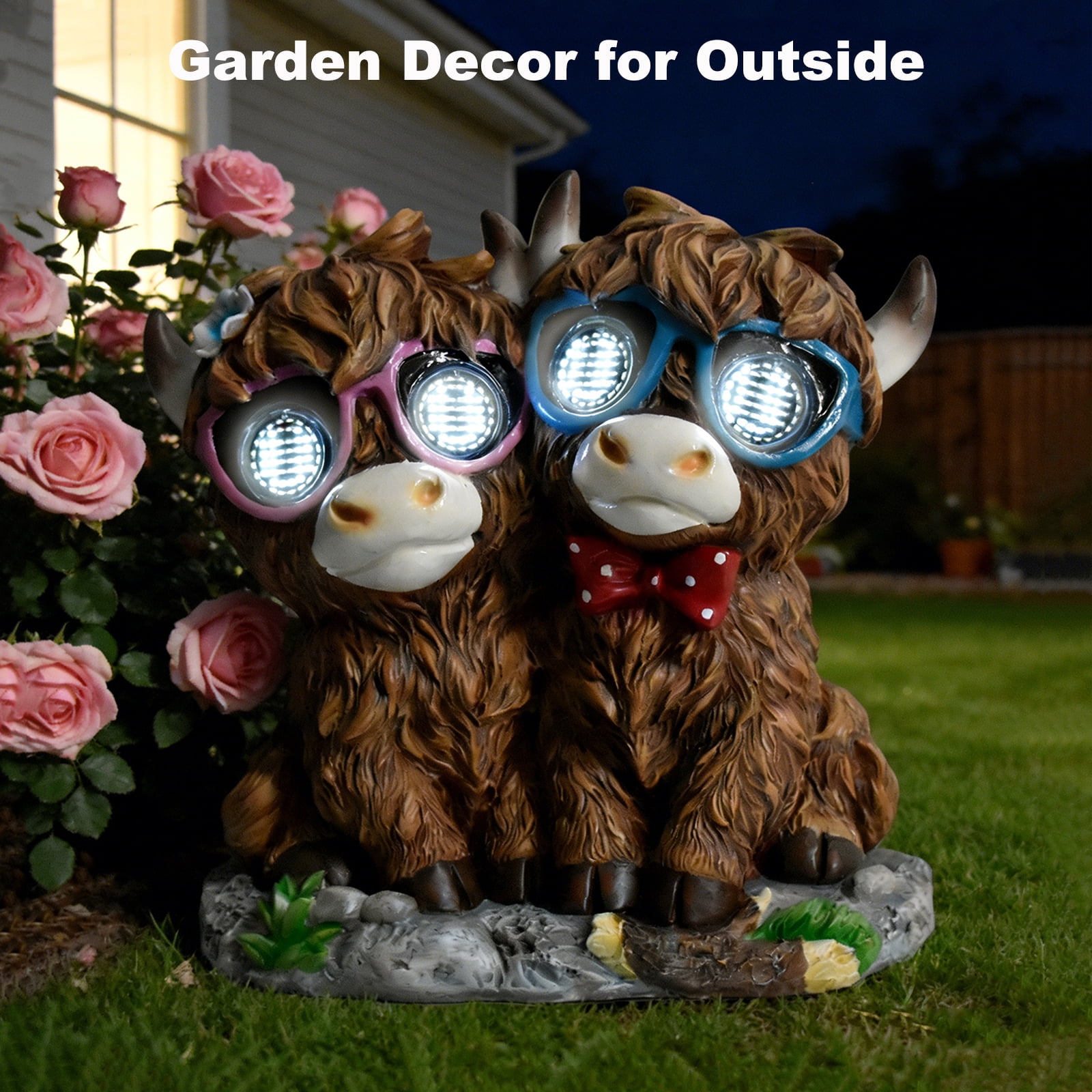 Solar Garden Highland Cow Decor Outdoor, Couple Highland Cow Statues with Dynamic LED Lights, Resin Highland Cow Figurine Lights for Garden Patio Lawn Yard Decor, Unique Birthday Gifts for Women Mom