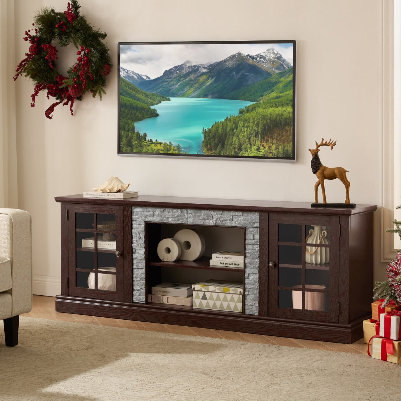 70" Modern TV Stand for 75 Inch TV, Faux Stone Media Console with 2-Door Storage Cabinet & Adjustable Shelves, Entertainment Center with Cable Management for Living Room, Cherry