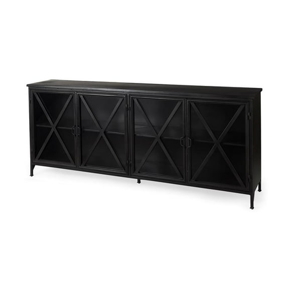 Pemberly Row 79x16 Black Polished Metal With Glass Four Door Sideboard