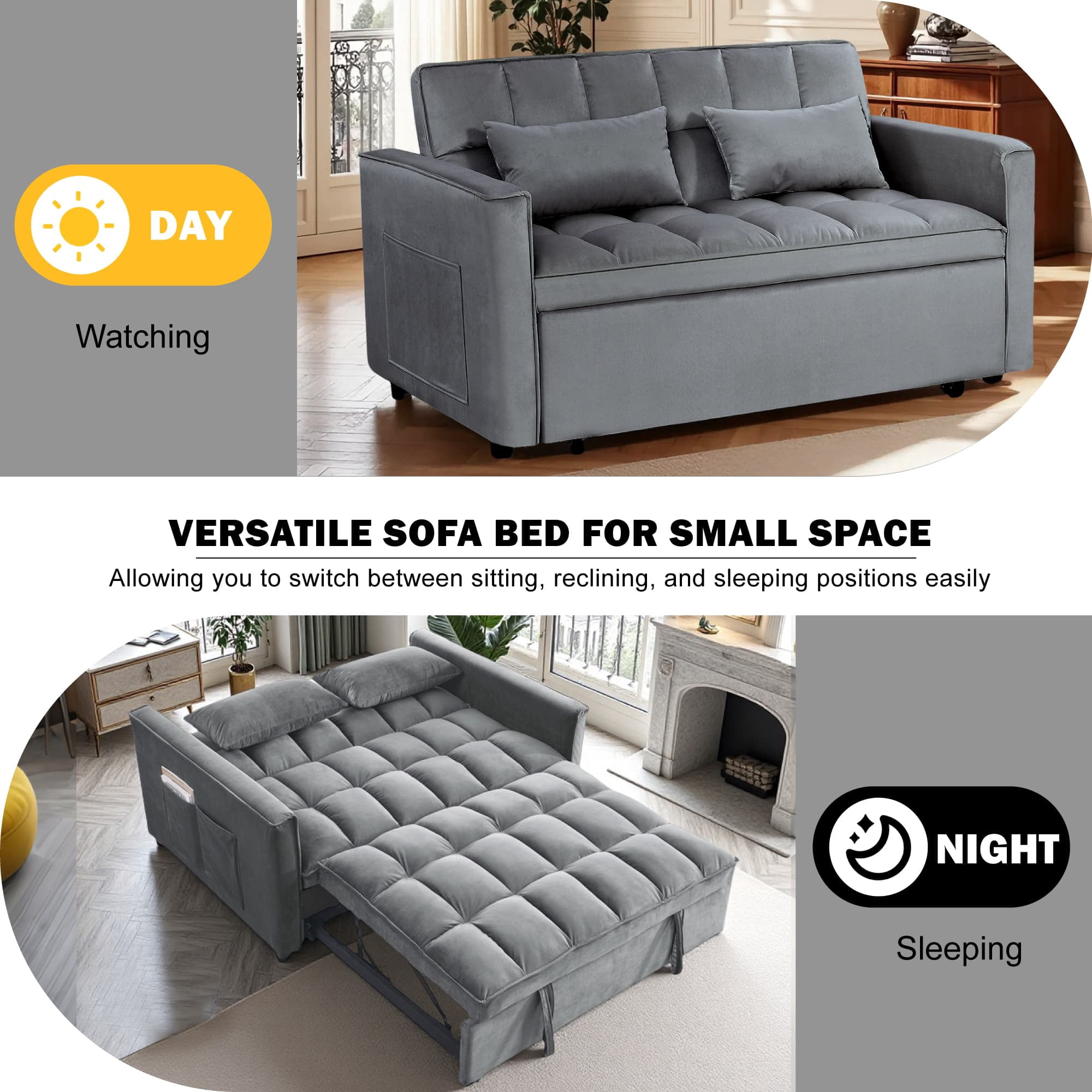 BSHTI 54" Fold out Sleeper Sofa Bed,Convertible Twin-Size Bed,With 3 Angles Adjustable Backres,Velvet Upholstery,Easy Assembly, Dark Grey