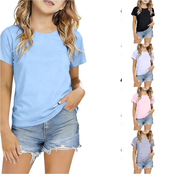 WhouRiu Girls Solid Color Basic Tees Kids Short Sleeve Crew Neck Tshirt Comfortable Cute Casual Summer T Shirts,7-8 Years