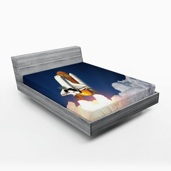 Ambesonne Outer Space Fitted Sheet, Rocket Lift Blast, Full Size, White Blue Orange