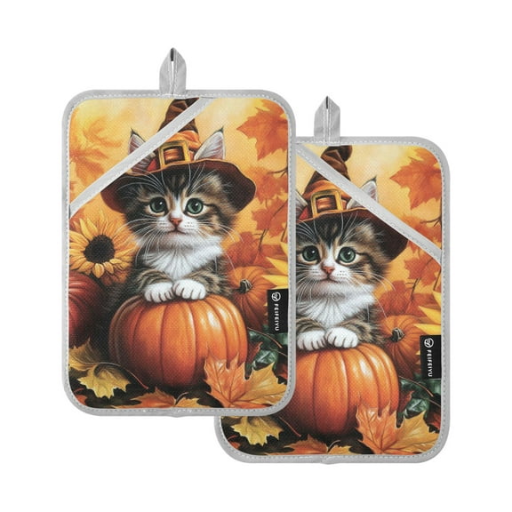 Cute Fall Cat and Pumpkin Oven Mitts Pot Holders 2 pcs Heat Resistant for Kitchen Baking Grilling