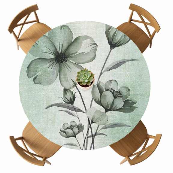 Round Fitted Tablecloth with Elastic Green Flower Tablecloths Waterproof Oil Proof Floral Branch Leaves Table Cover for Kitchen Dinner Holiday Party Picnic Fits Tables up to 36"- 44" Diameter