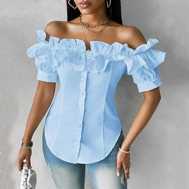 Clothing Women Off Shoulder Layered Ruffles Button Down Asymmetrical Hem Top Ruffle Trim Short Sleeve Blouse Party Tops Shirt