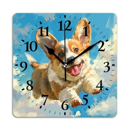 Square Wall Clock,Cute Corgi Puppy Soaring Through The Sky,Silent Non-Ticking Wall Clock Decor for Home Office Kitchen Living Room Bedroom(10inch)