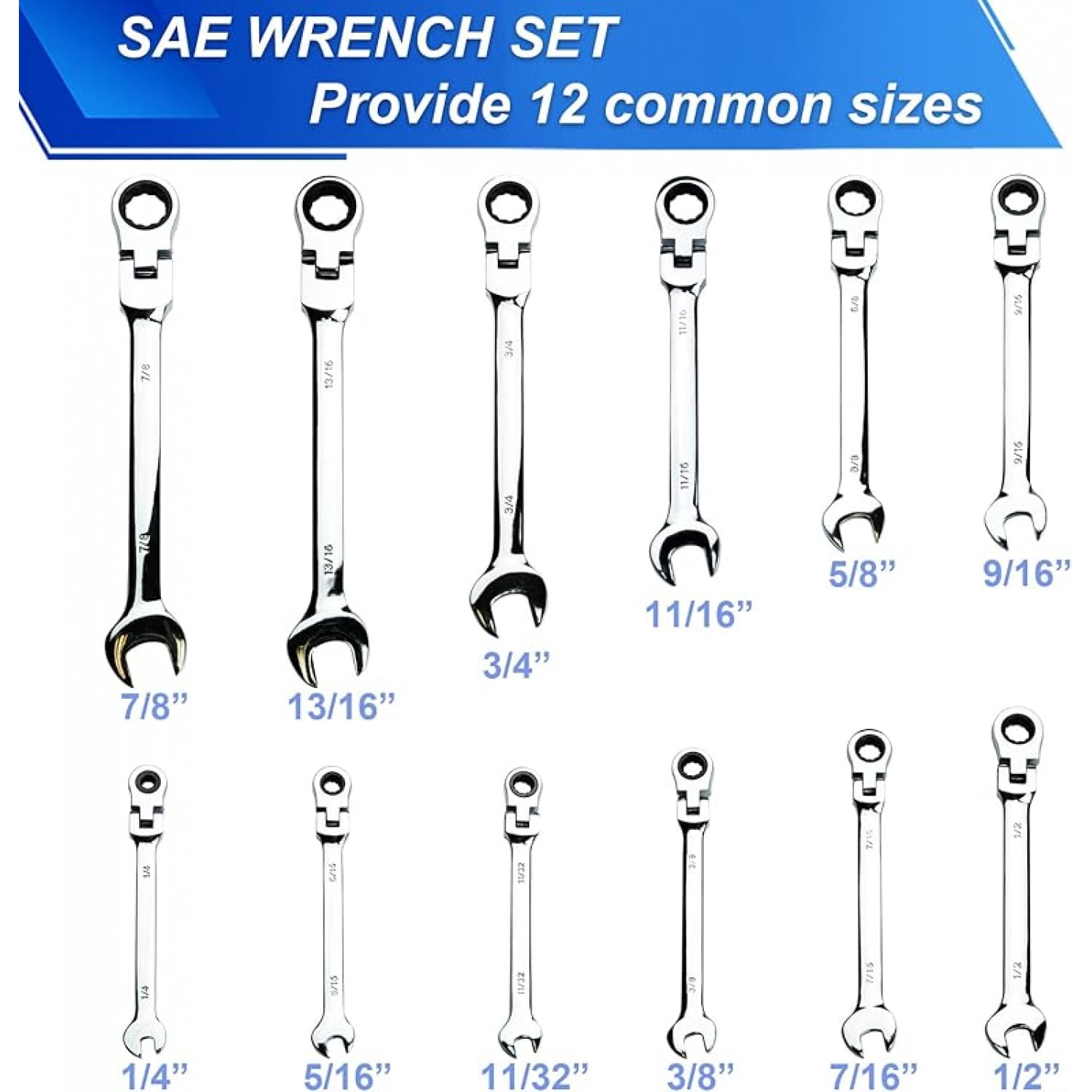 Flex-Head Ratcheting Wrench Set 12 pcs, Metric, 8-19mm, Cr-V Combination Wrench Sets, 72 Teeth Wrenches Set with Carrying Bag